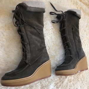 See By Chloe Genuine Shearling Lace-up Wedge Boots